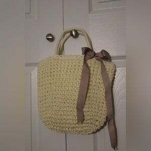 NEW Handmade Crochet Woven Cream Tote Bag w/ Ribbon Bow | Cottagecore | Boho